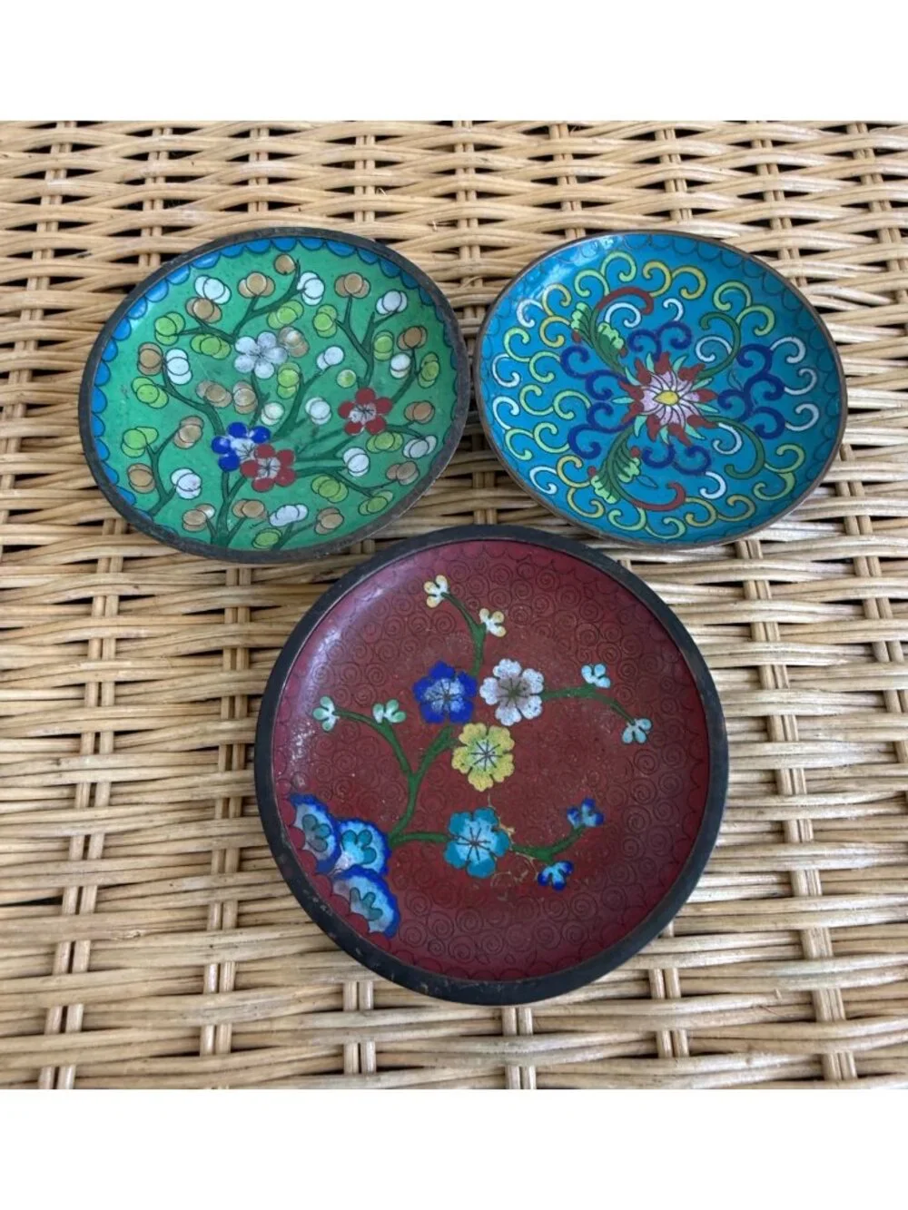 Vintage 30's Chinese Cloisonne Enamel set of 3 Trinket Dishes Floral